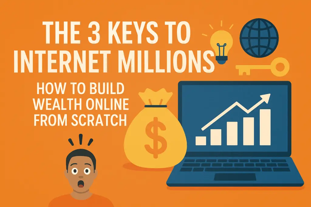 Illustration of the 3 keys to building wealth online from scratch, featuring digital success strategies and mindset growth