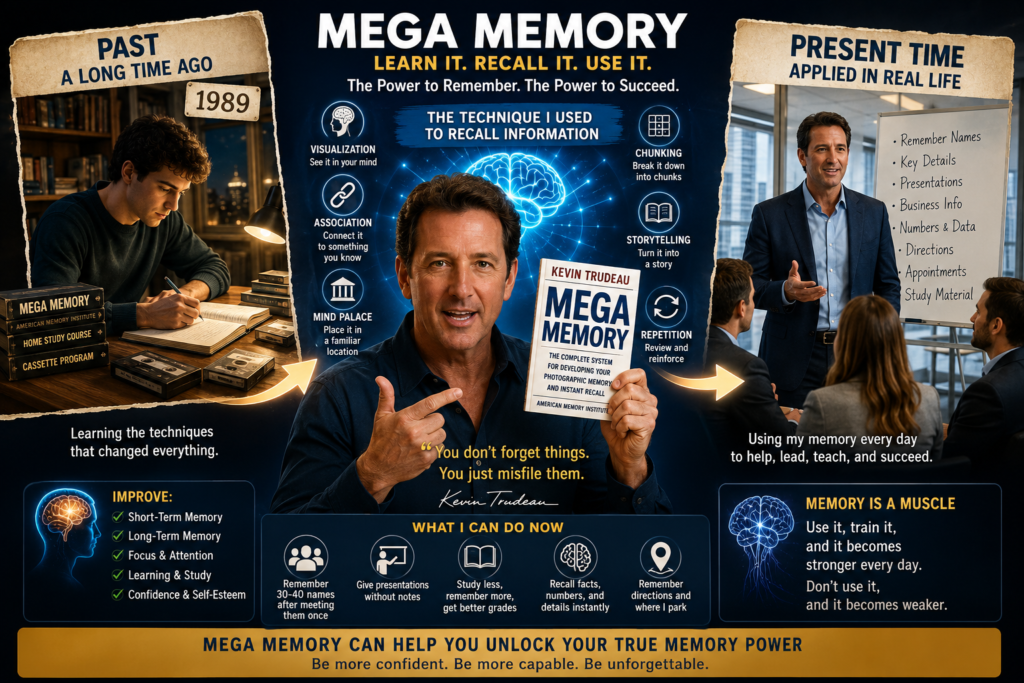 Kevin Trudeau Mega Memory featured image showing memory training from the past to present time with visualization, association, recall techniques, and real-life application.