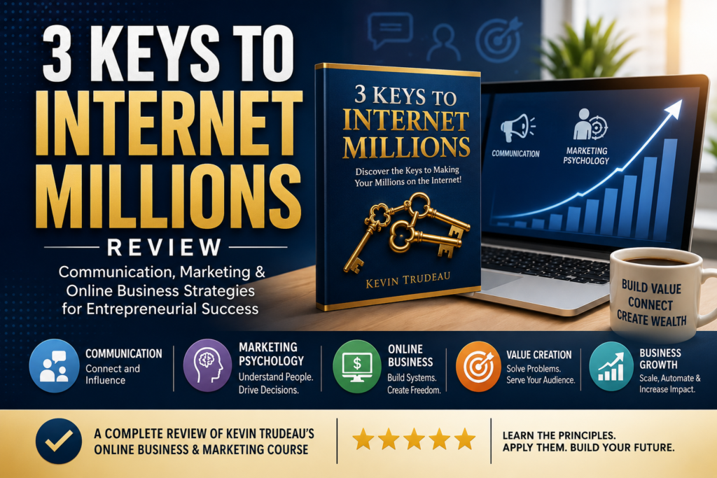 3 Keys to Internet Millions review featuring communication, marketing psychology, online business strategy, entrepreneurship, and business growth principles taught by Kevin Trudeau.