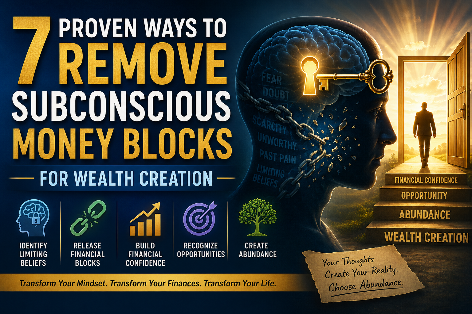 Illustration showing how subconscious money blocks and Money Counter Intentions may influence financial confidence, opportunity recognition, abundance, and wealth creation.