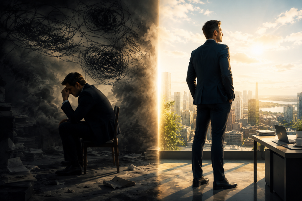 Professional man transitioning from scarcity thinking and self-doubt to confidence, opportunity awareness, and personal growth as his money mindset transforms.