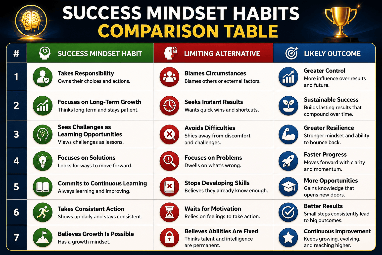 Success mindset habits comparison table showing seven habits of highly successful people, limiting alternatives, and the likely outcomes of each mindset approach