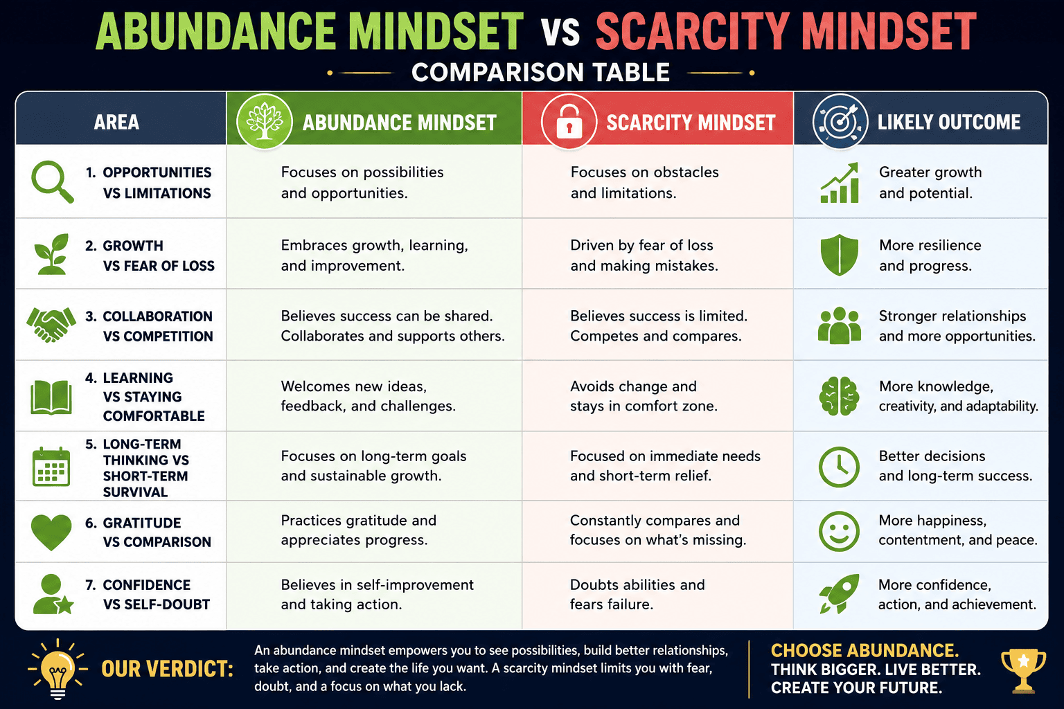Abundance mindset vs scarcity mindset comparison table showing key differences in opportunity, growth, learning, confidence, gratitude, decision-making, and long-term success