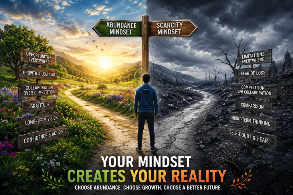 Person standing at a crossroads between an abundance mindset and a scarcity mindset, illustrating how beliefs influence opportunity, growth, confidence, and financial success