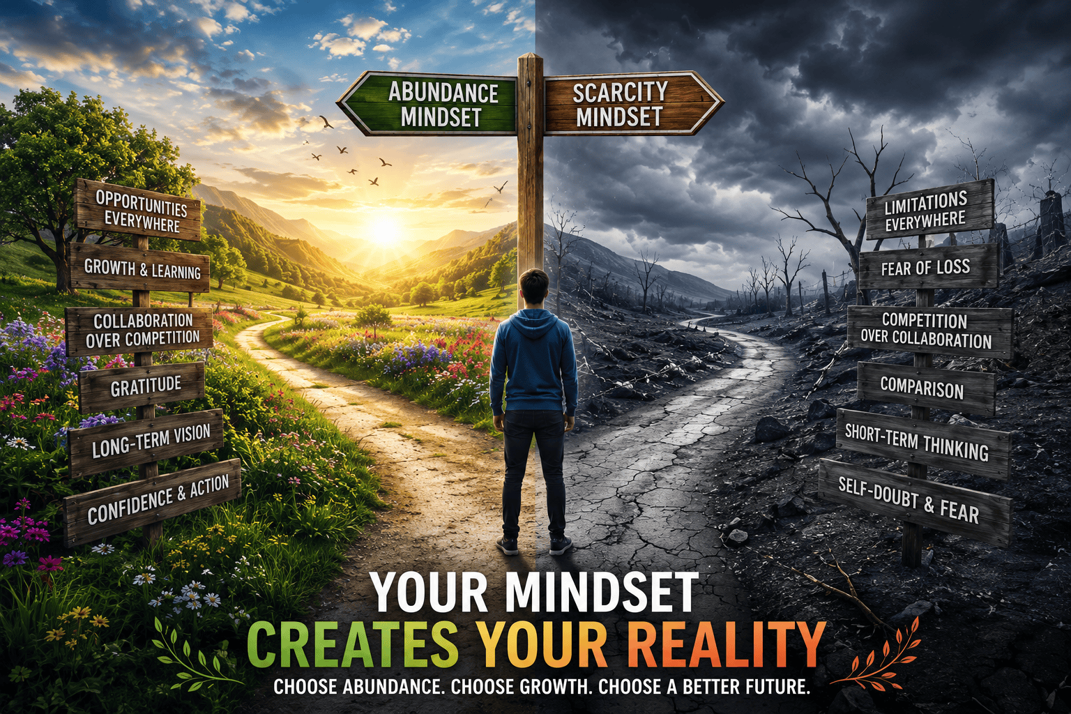 Person standing at a crossroads between an abundance mindset and a scarcity mindset, illustrating how beliefs influence opportunity, growth, confidence, and financial success