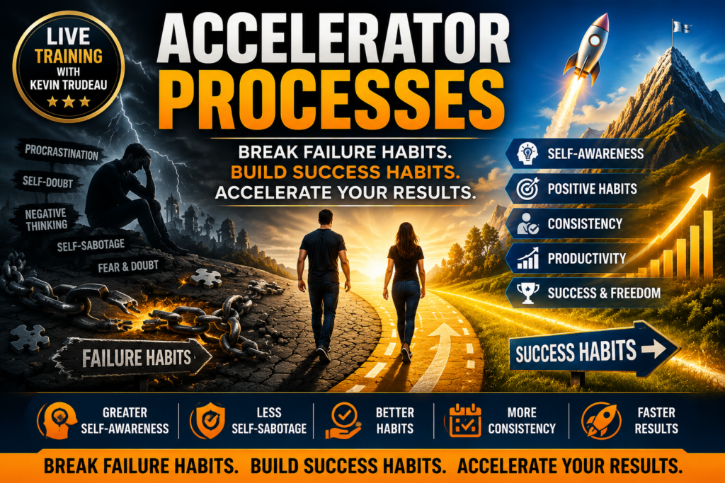 Accelerator Processes feature image showing personal transformation from failure habits to success habits, symbolizing self-awareness, behaviour change, productivity, personal growth, and accelerated results through Kevin Trudeau's live training.