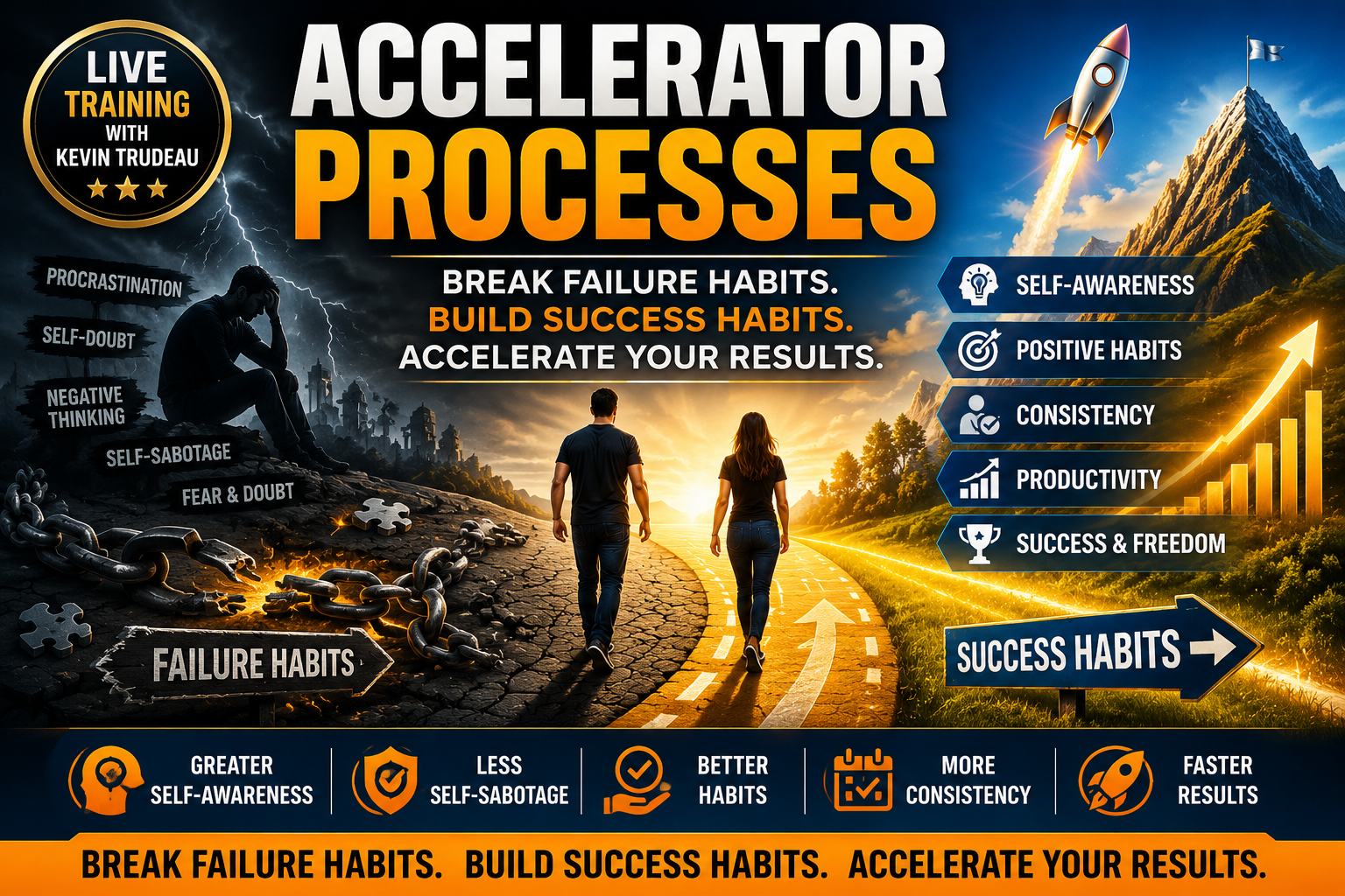 Accelerator Processes feature image showing personal transformation from failure habits to success habits, symbolizing self-awareness, behaviour change, productivity, personal growth, and accelerated results through Kevin Trudeau's live training.