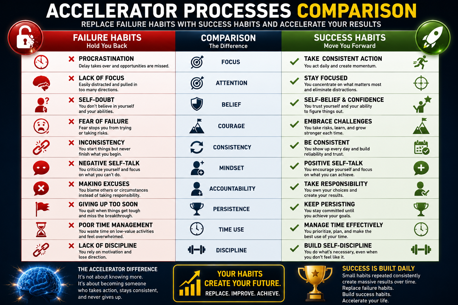 Accelerator Processes comparison table showing the differences between failure habits and success habits, including procrastination, focus, self-belief, discipline, consistency, accountability, persistence, and productivity.