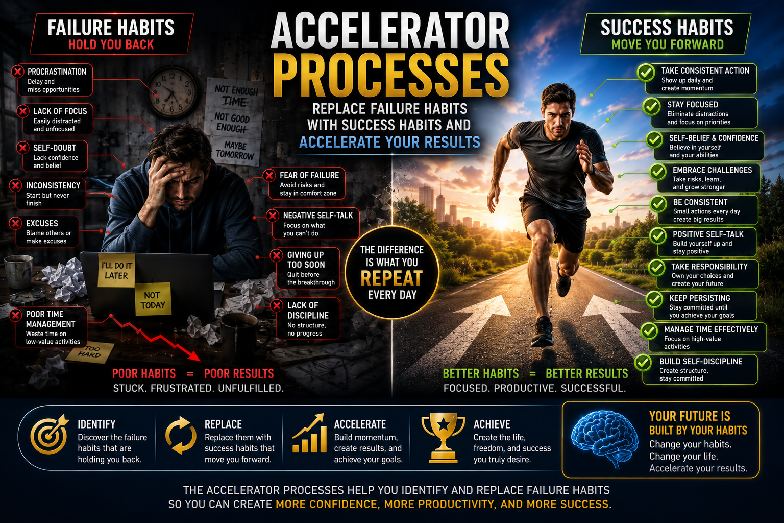 Accelerator Processes feature image showing how replacing failure habits with success habits may improve productivity, focus, confidence, discipline, consistency, and long-term success.