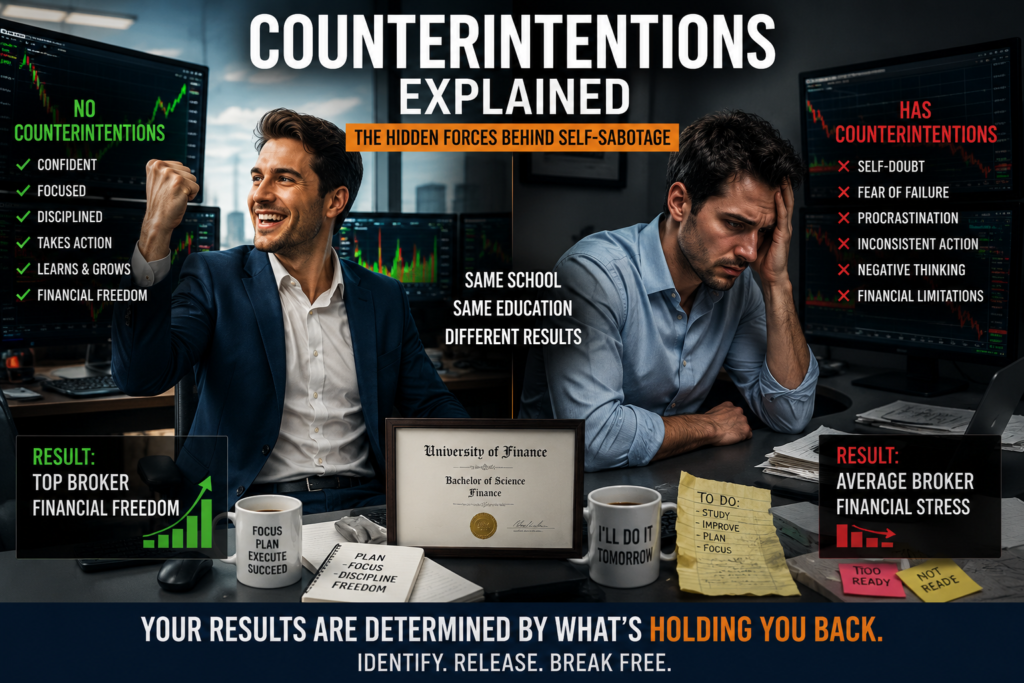 Counter Intentions Explained showing two stock market brokers with the same education but different results due to hidden self-sabotage and limiting beliefs.