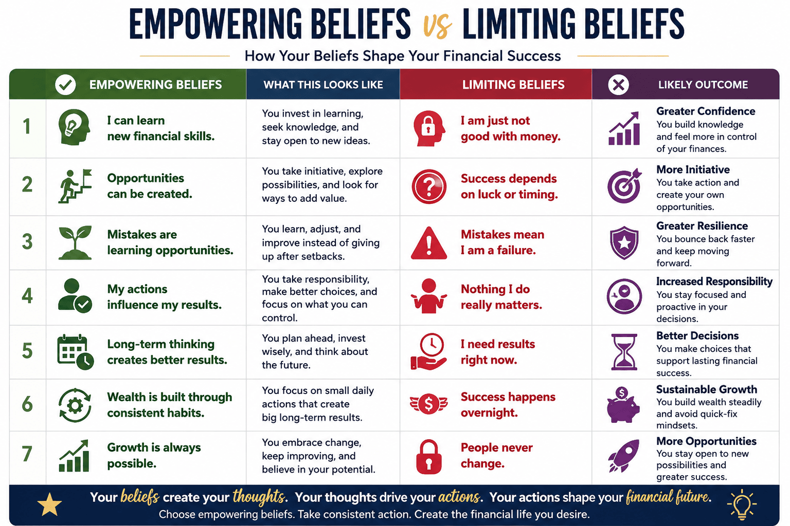 Empowering beliefs vs limiting beliefs comparison table showing how beliefs influence financial success, confidence, resilience, responsibility, growth, and opportunity