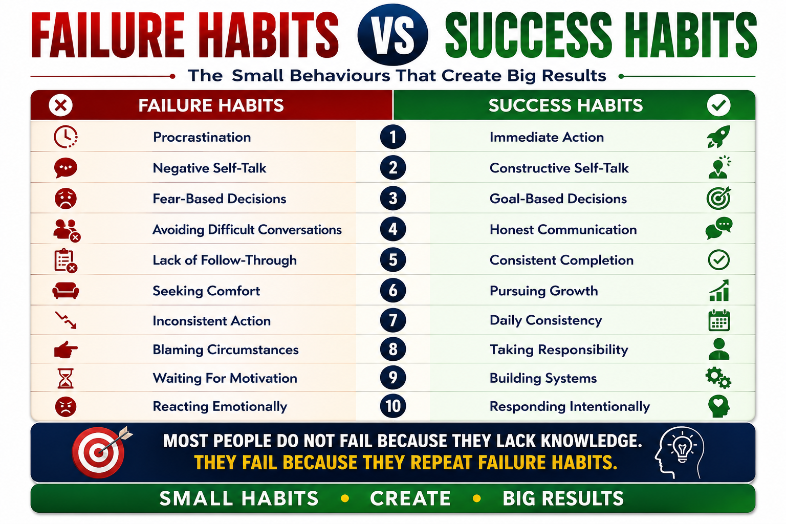 failure habits comparison table showing the differences between failure habits and success habits including procrastination, self-sabotage, consistency, productivity, mindset, and personal growth.