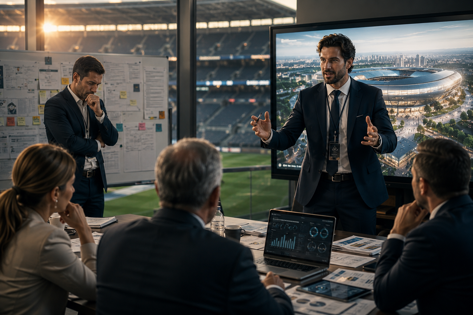 Financial Confidence demonstrated through two experienced sports stadium project managers, one confidently presenting ideas and leading a major project while the other hesitates and questions his abilities.