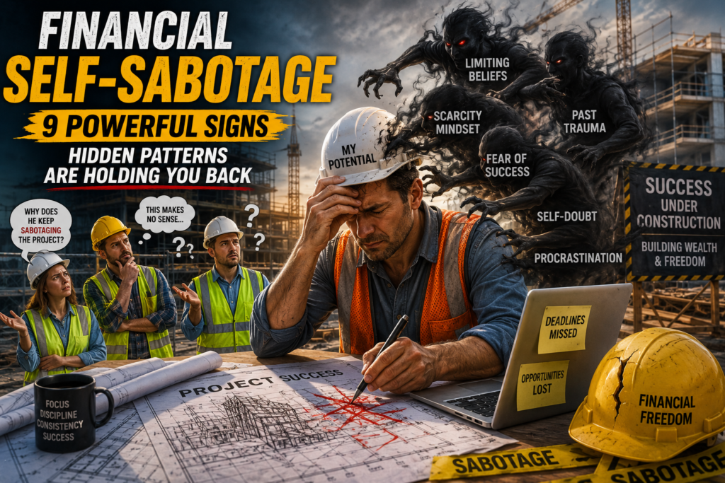 Construction project manager experiencing financial self-sabotage as hidden patterns such as limiting beliefs, self-doubt, fear of success, and procrastination interfere with a major project while coworkers look on in confusion.