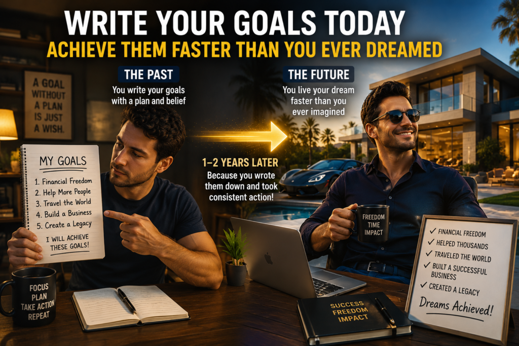 goal setting feature image showing a man presenting his written goals in the past and later achieving them through planning, focus, action, and consistency.