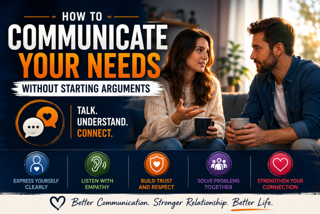 How to communicate your needs without starting arguments, showing healthy communication, active listening, empathy, trust, understanding, and stronger relationship connection