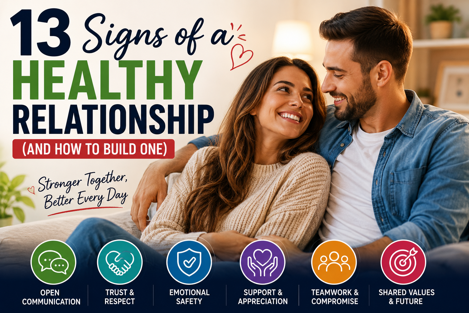Happy couple showing trust, communication, emotional connection, and mutual support in a healthy relationship