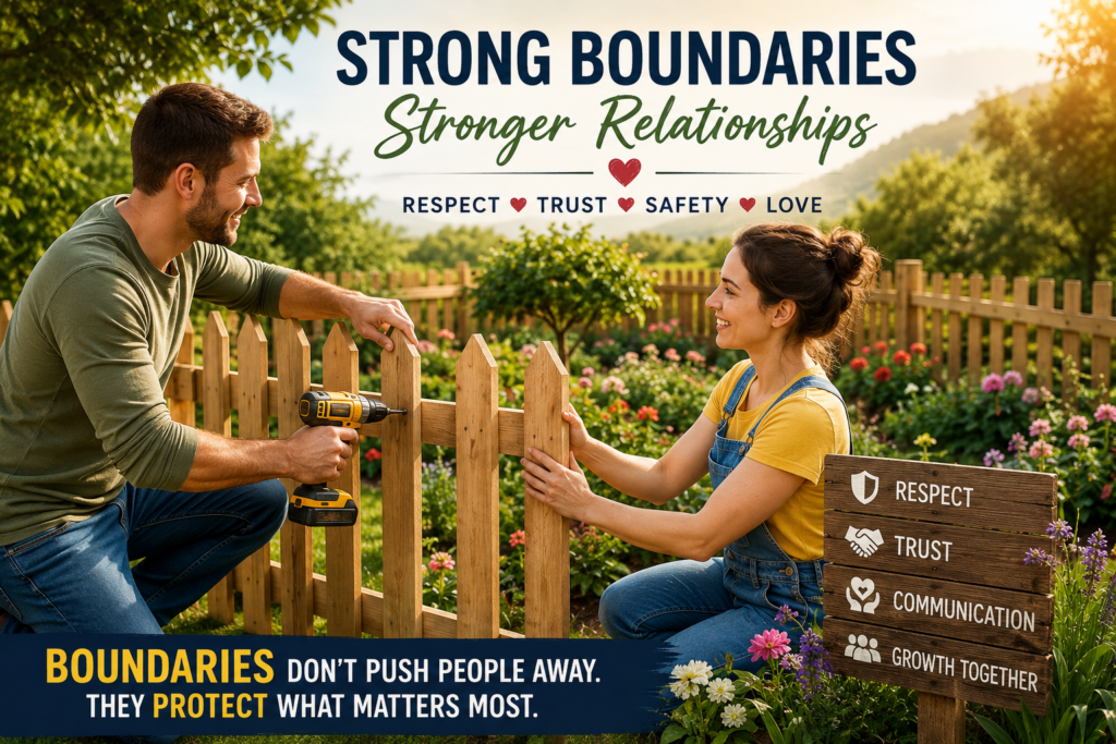 Couple building a wooden fence together around a beautiful garden, symbolizing healthy relationship boundaries that create trust, respect, communication, emotional safety, and long-term relationship growth