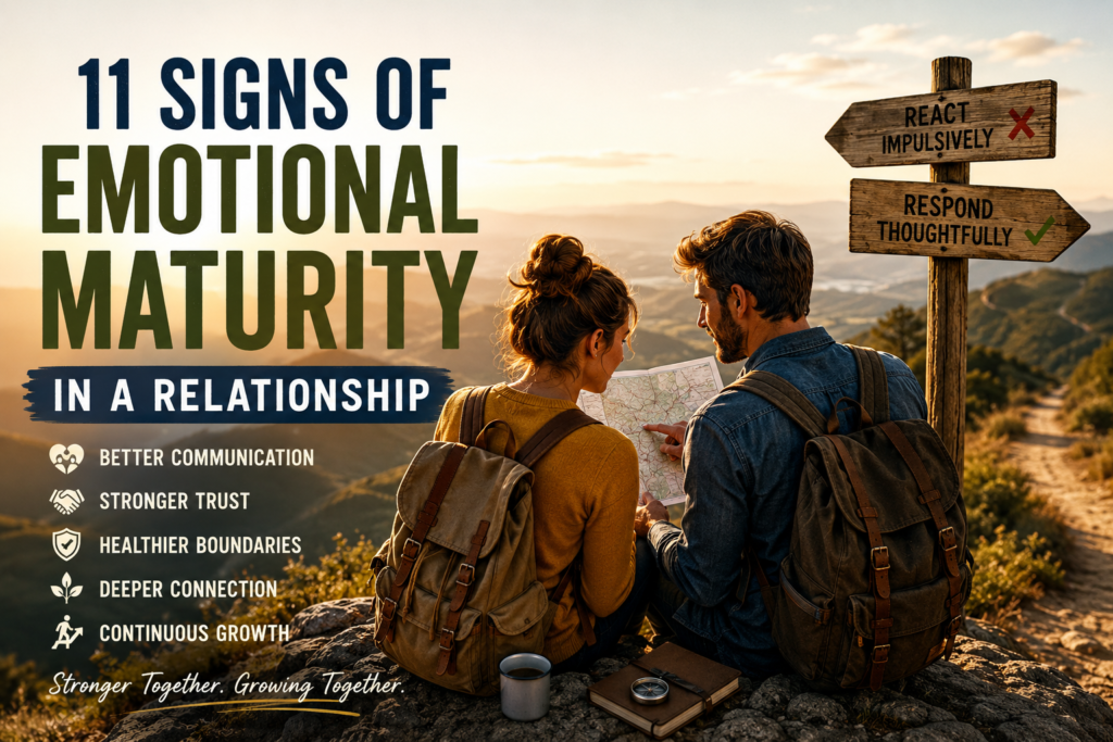 Couple studying a map together on a mountain trail near a crossroads sign, symbolizing emotional maturity, thoughtful decision-making, communication, trust, relationship growth, and problem-solving as a team