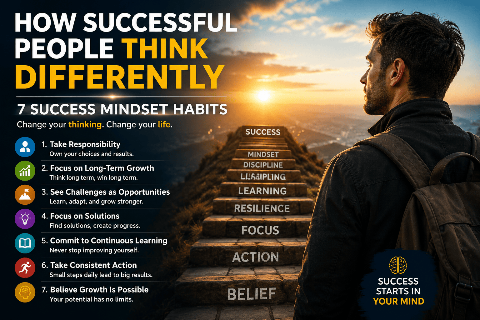 Professional man looking toward a bright future while reflecting on seven success mindset habits including responsibility, growth, learning, resilience, focus, and action