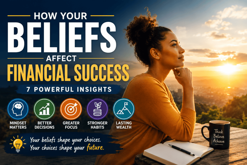 Professional woman reflecting on financial success, personal beliefs, mindset, goal achievement, wealth building, and long-term personal growth