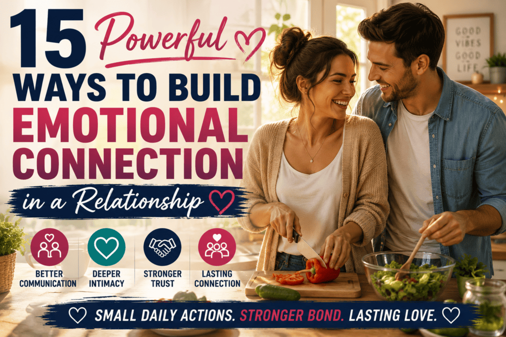 Couple cooking together in a bright kitchen while smiling and communicating, representing emotional connection, teamwork, trust, and relationship growth