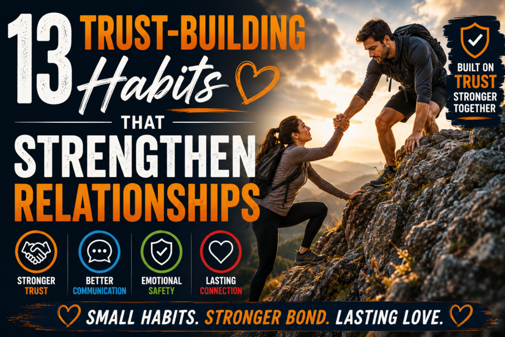 Man helping woman climb a rocky mountain trail at sunset, symbolizing trust building, support, reliability, emotional safety, and strong relationship habits