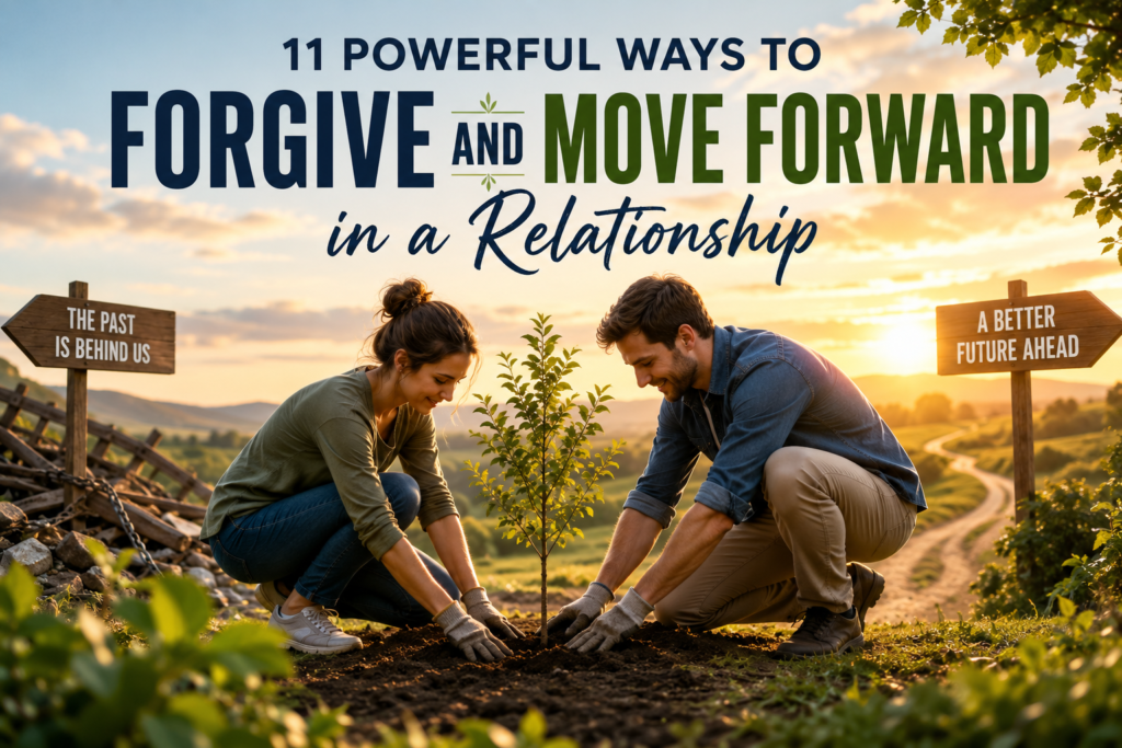 Couple planting a young tree together while looking toward a brighter future, symbolizing forgiveness, healing, personal growth, emotional recovery, and moving forward in a relationship