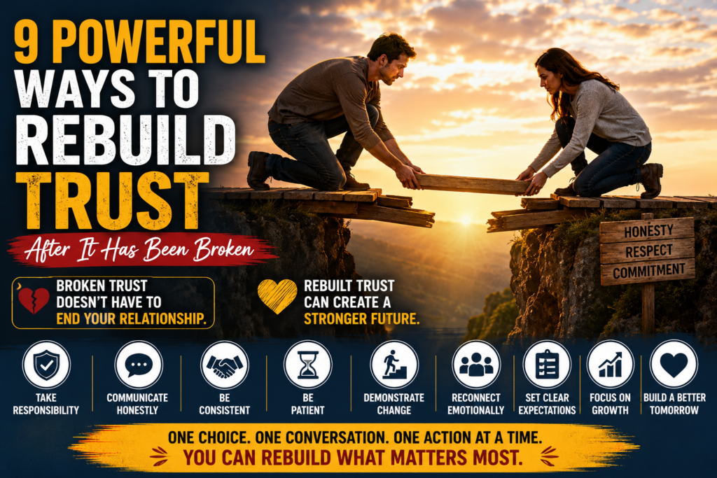 Couple rebuilding a broken wooden bridge together over a canyon, symbolizing rebuilding trust, repairing relationships, restoring communication, and creating a stronger future together