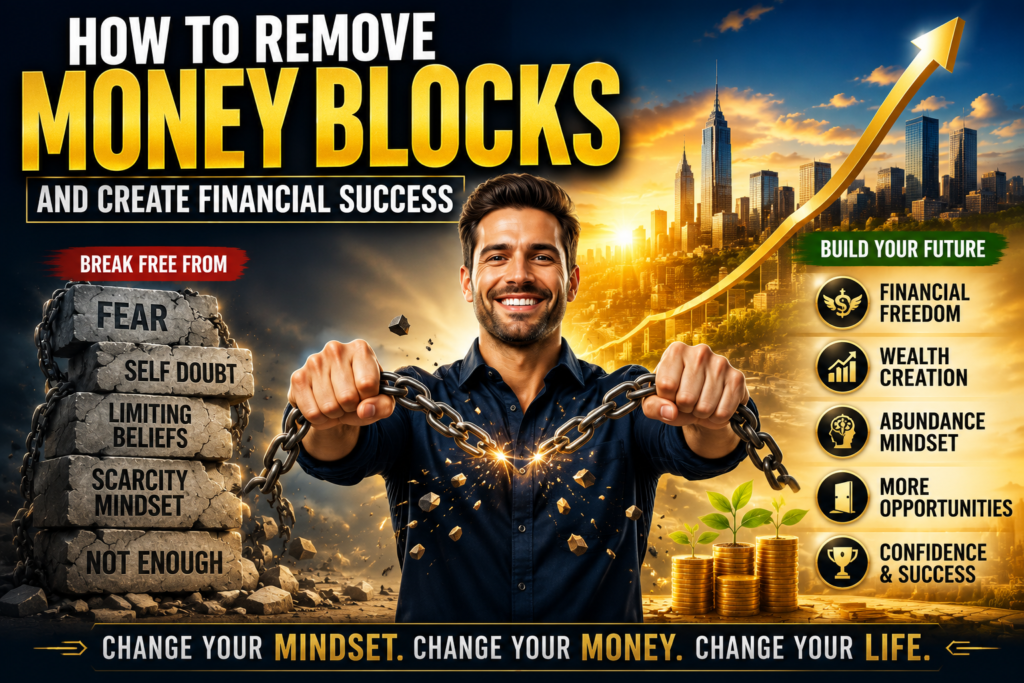 Confident man breaking chains and overcoming money blocks, symbolizing financial success, abundance mindset, wealth creation, financial freedom, and personal growth