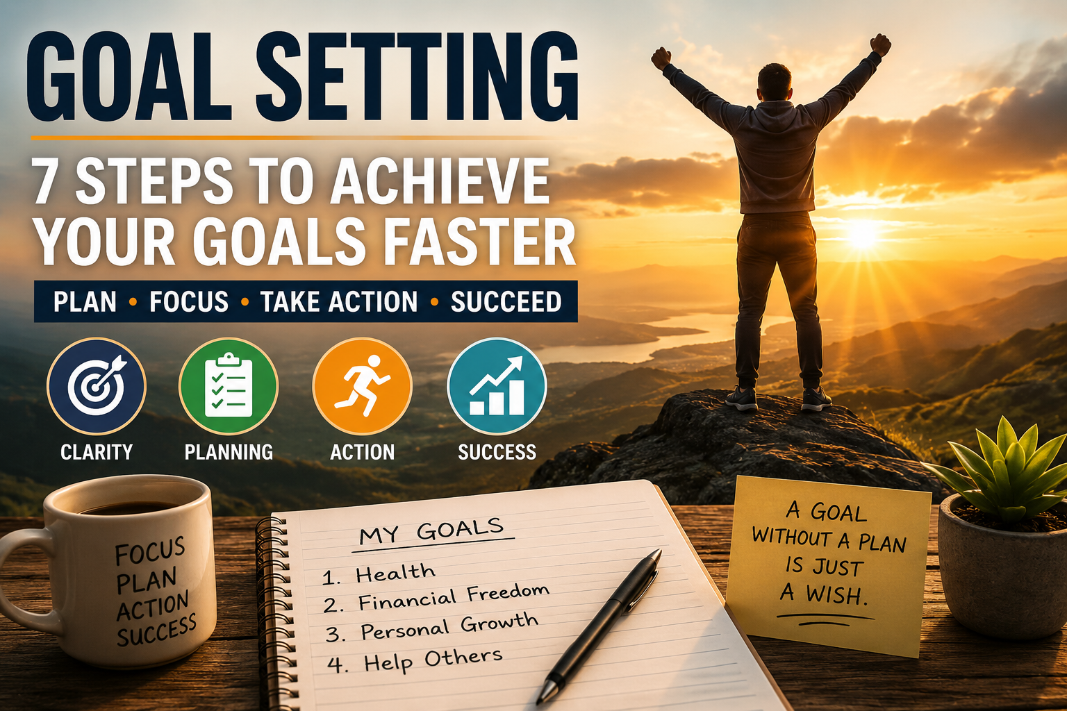 Person celebrating on a mountain at sunrise with a goal planning notebook, representing goal setting, personal growth, achievement, motivation, and success