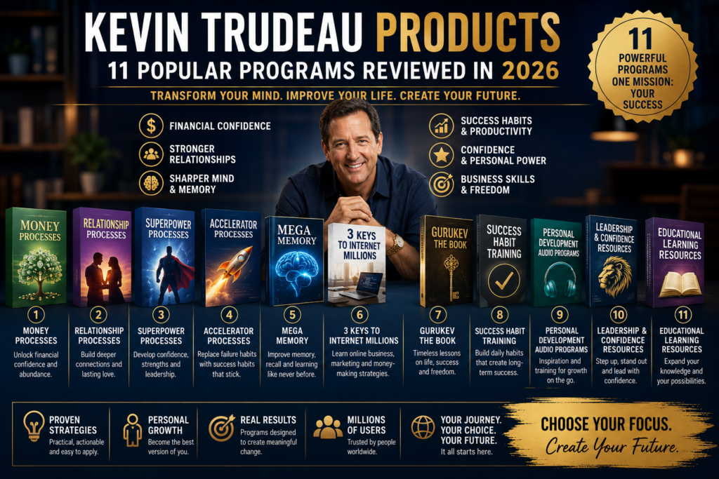 Kevin Trudeau Products comparison guide featuring 11 popular personal development programs including Money Processes, Relationship Processes, Superpower Processes, Accelerator Processes, Mega Memory, 3 Keys to Internet Millions, and other educational resources.