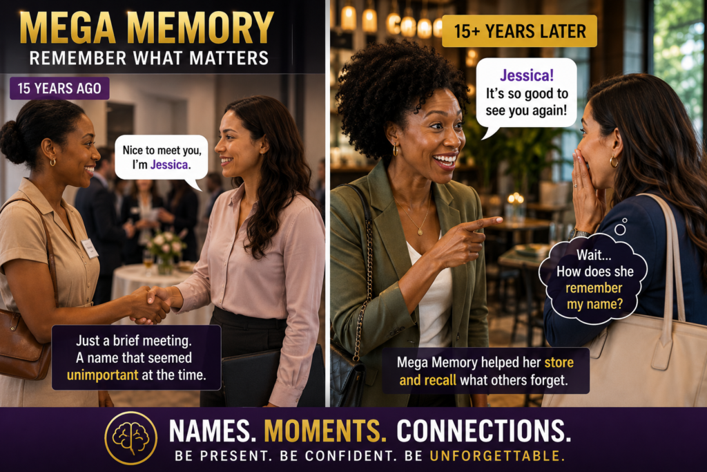 Mega Memory Review featured image showing a woman remembering someone’s name 15 years later after using memory training techniques for recall and confidence.