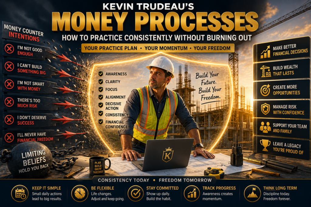 Money Processes Practice Plan featuring a construction foreman protected by a shield from limiting beliefs while building consistency, financial confidence, momentum, and long-term success.