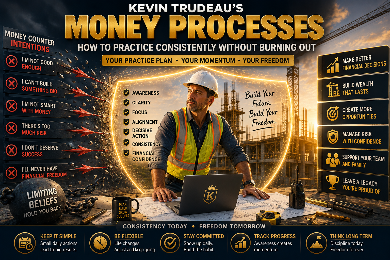 Money Processes Practice Plan featuring a construction foreman protected by a shield from limiting beliefs while building consistency, financial confidence, momentum, and long-term success.