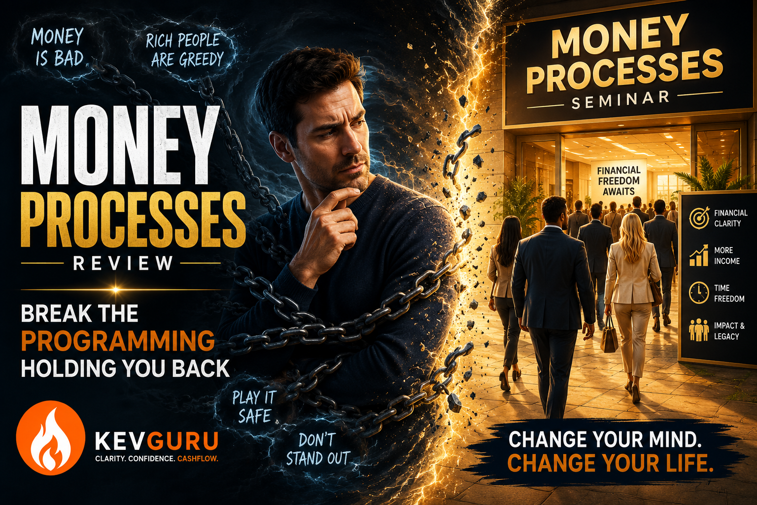 Money Processes Review showing a man breaking free from limiting money beliefs and negative programming while entering a financial success seminar focused on wealth, mindset, and personal development.