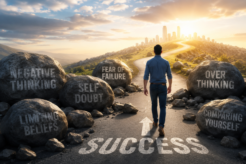 Professional man walking toward success while overcoming obstacles representing negative thinking, limiting beliefs, self-doubt, fear of failure, overthinking, and comparison.