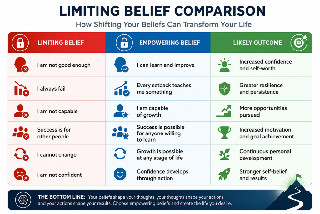 Overcoming limiting beliefs comparison chart showing limiting beliefs, empowering beliefs, and positive outcomes
