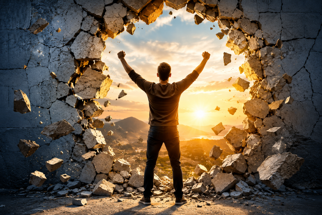 Person breaking through limiting beliefs and mental barriers to achieve personal growth, confidence, and success