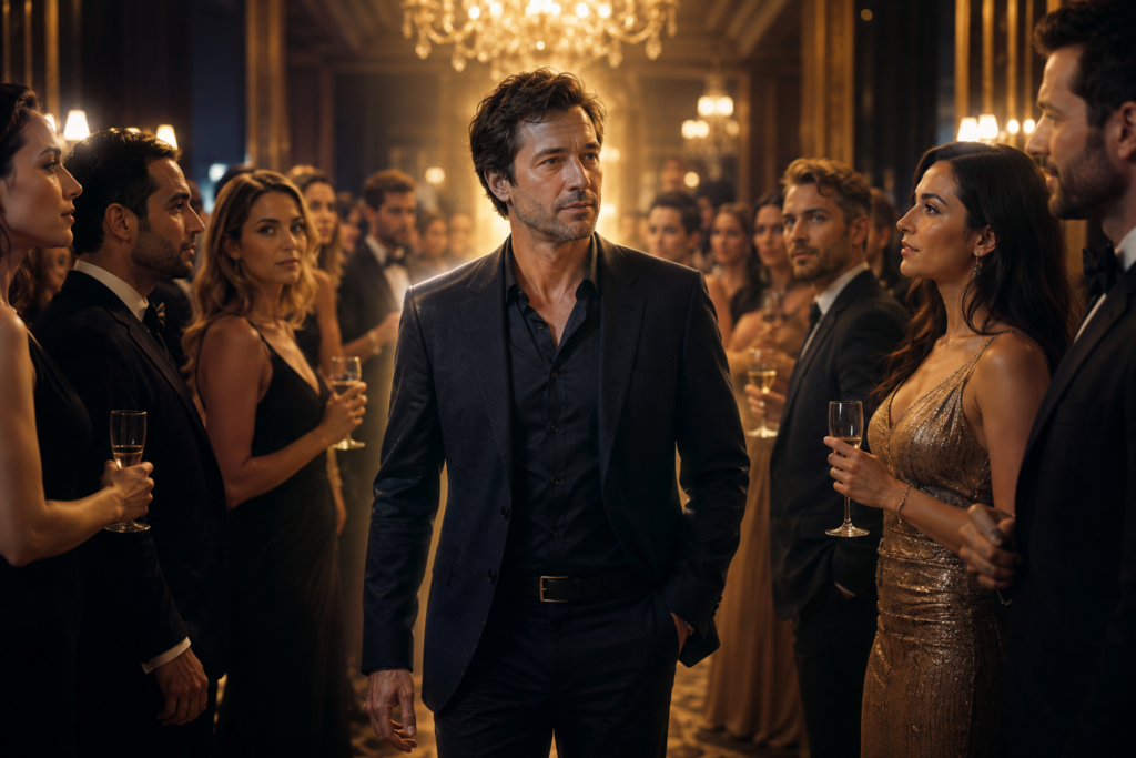 Average-looking man walking through a high-end party with personal power, quiet confidence, and a radiant presence as people notice and respect him.