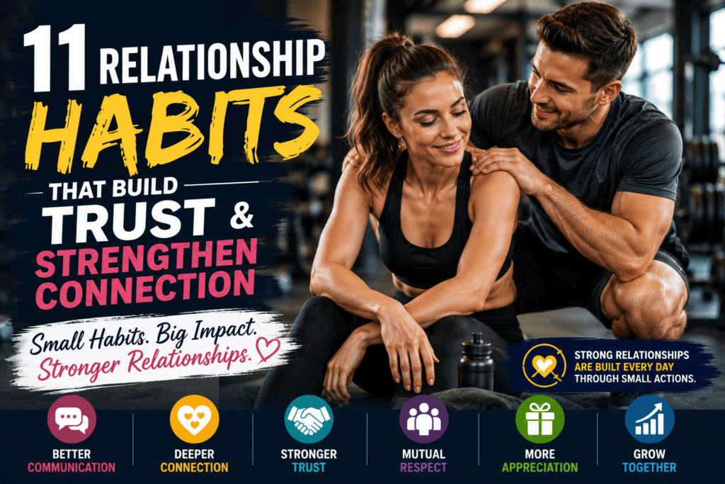 Supportive couple at the gym demonstrating trust, encouragement, teamwork, and healthy relationship habits that strengthen emotional connection