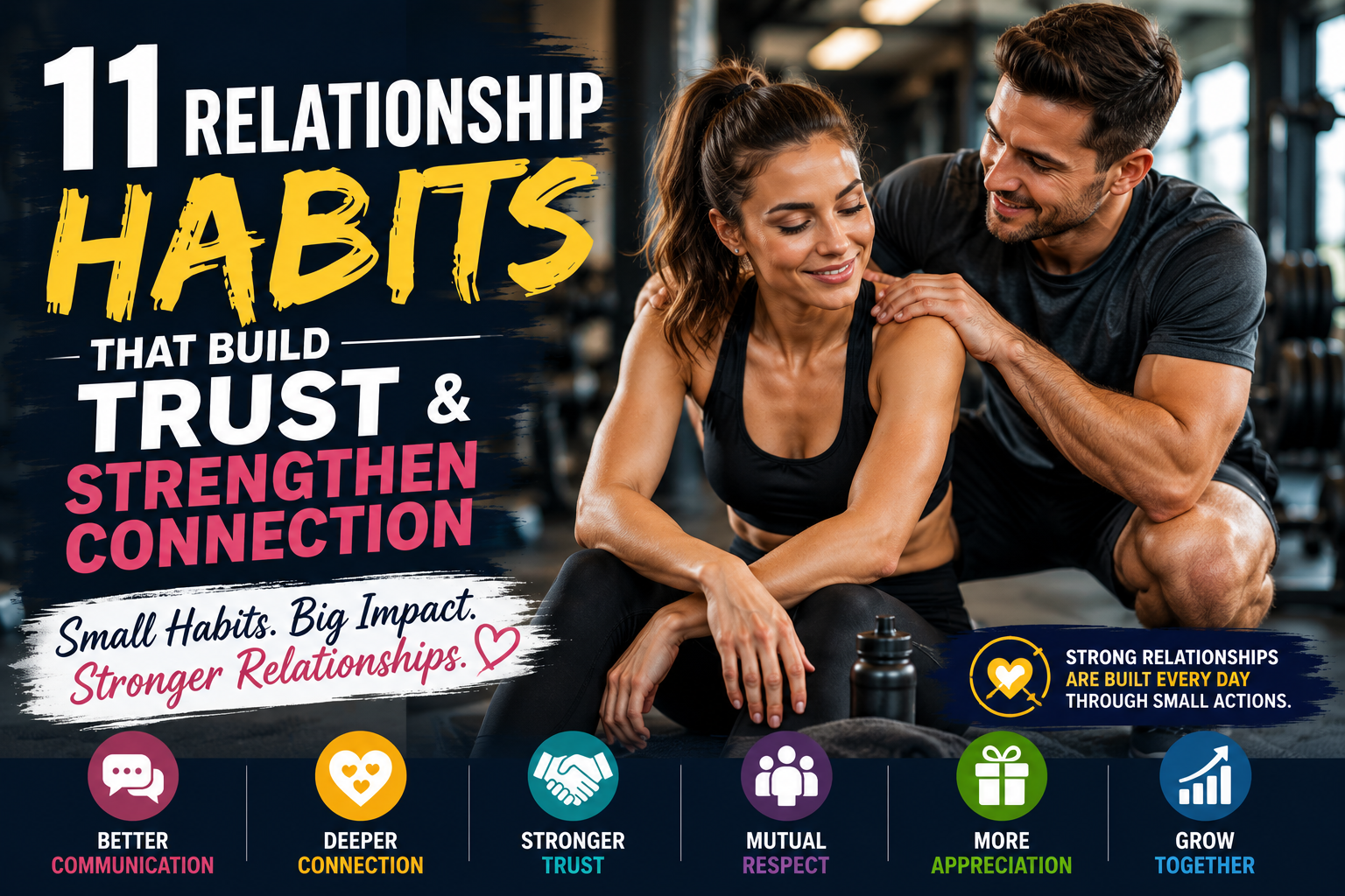 Supportive couple at the gym demonstrating trust, encouragement, teamwork, and healthy relationship habits that strengthen emotional connection