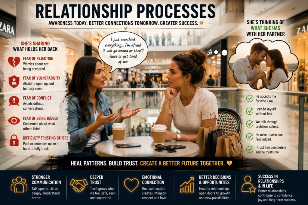 Relationship Processes showing two women talking in a shopping centre café about relationship challenges including fear of rejection, fear of vulnerability, fear of conflict, fear of being judged, and difficulty trusting others while reflecting on healthy communication, trust, and emotional connection.