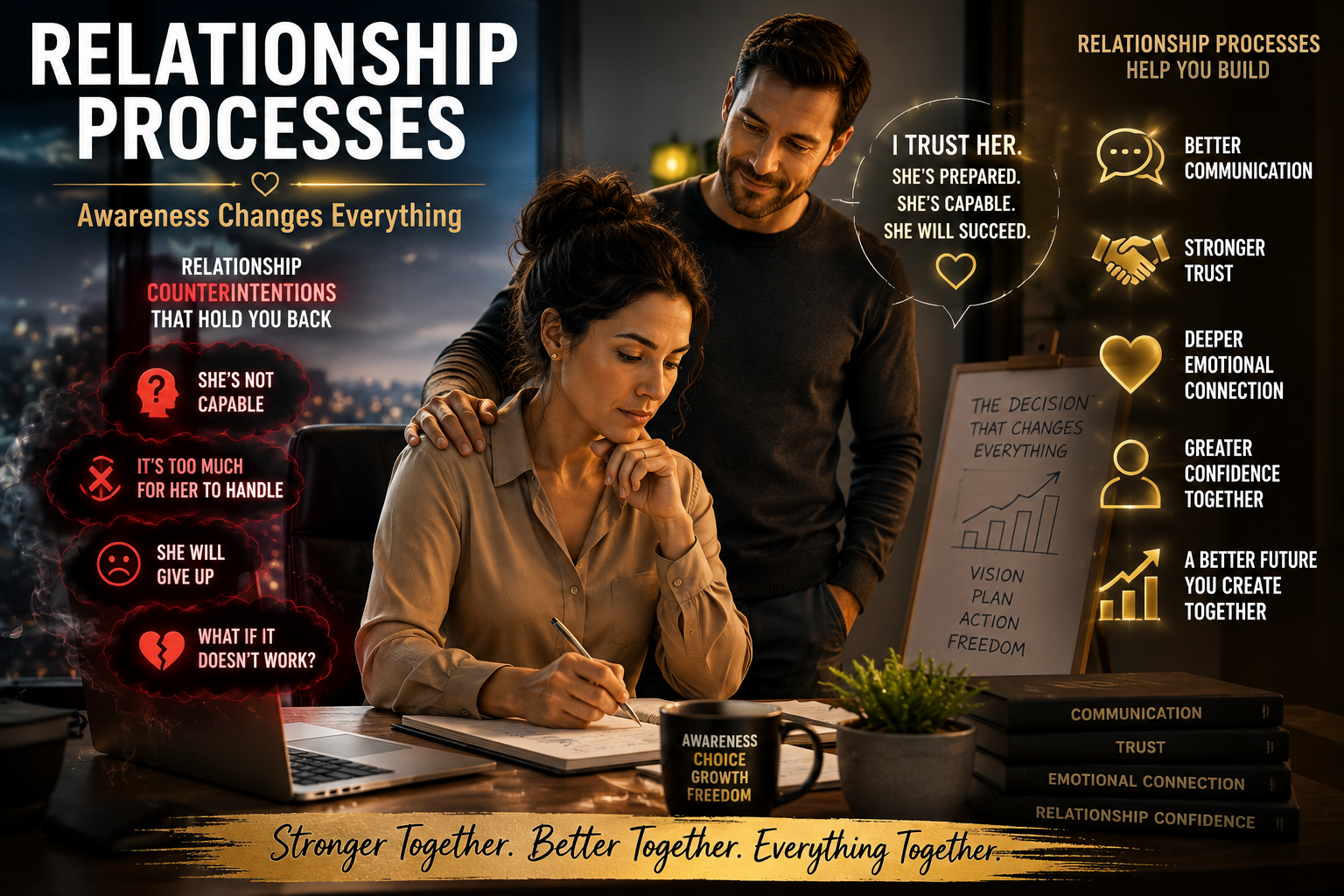 Relationship Processes showing a woman making an important business decision while her partner supports and trusts her, overcoming Relationship Counter Intentions such as self-doubt, fear of failure, fear of judgment, and relationship uncertainty.