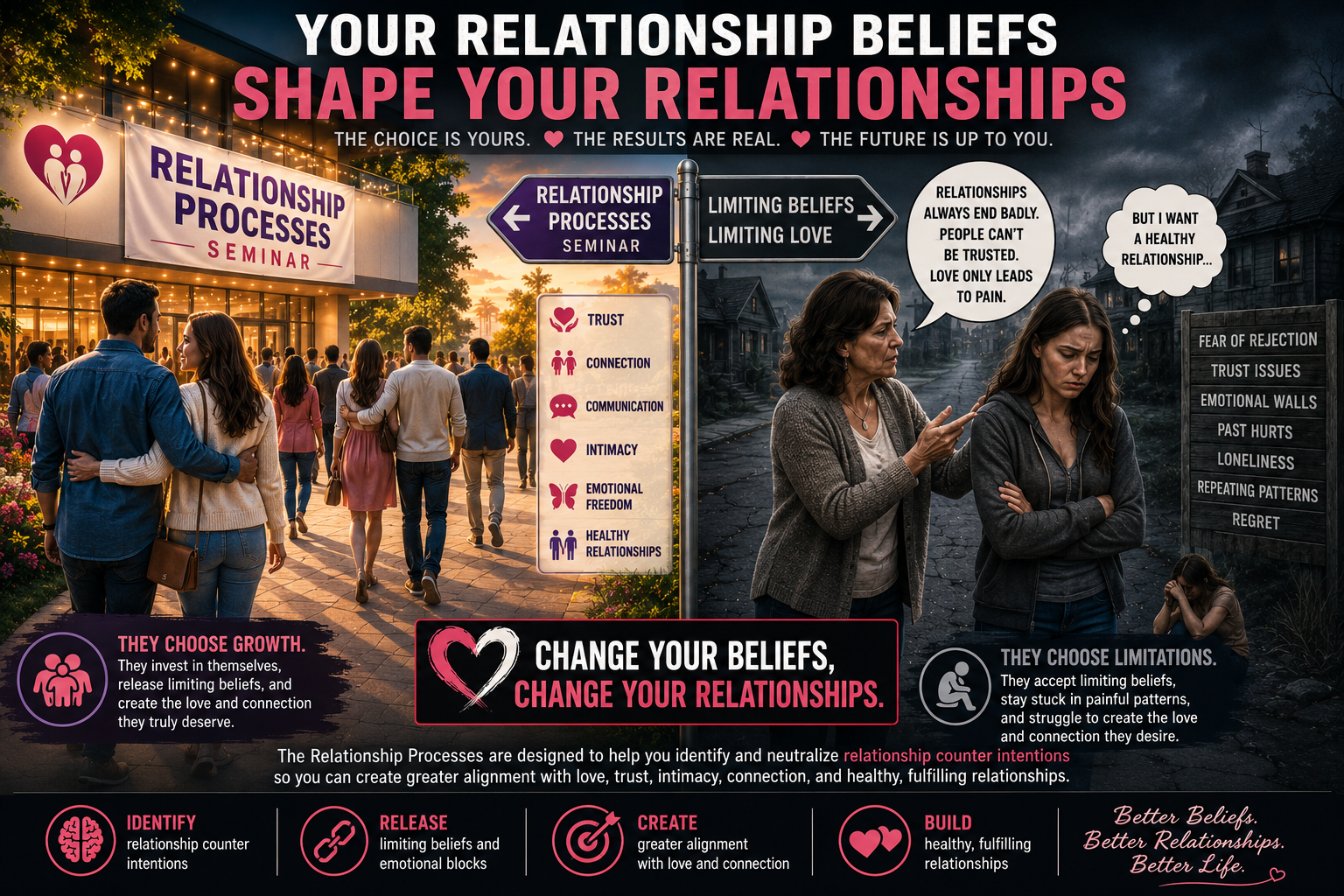 Relationship Processes feature image showing how relationship counter intentions and limiting relationship beliefs may influence trust, intimacy, communication, emotional connection, and relationship success.