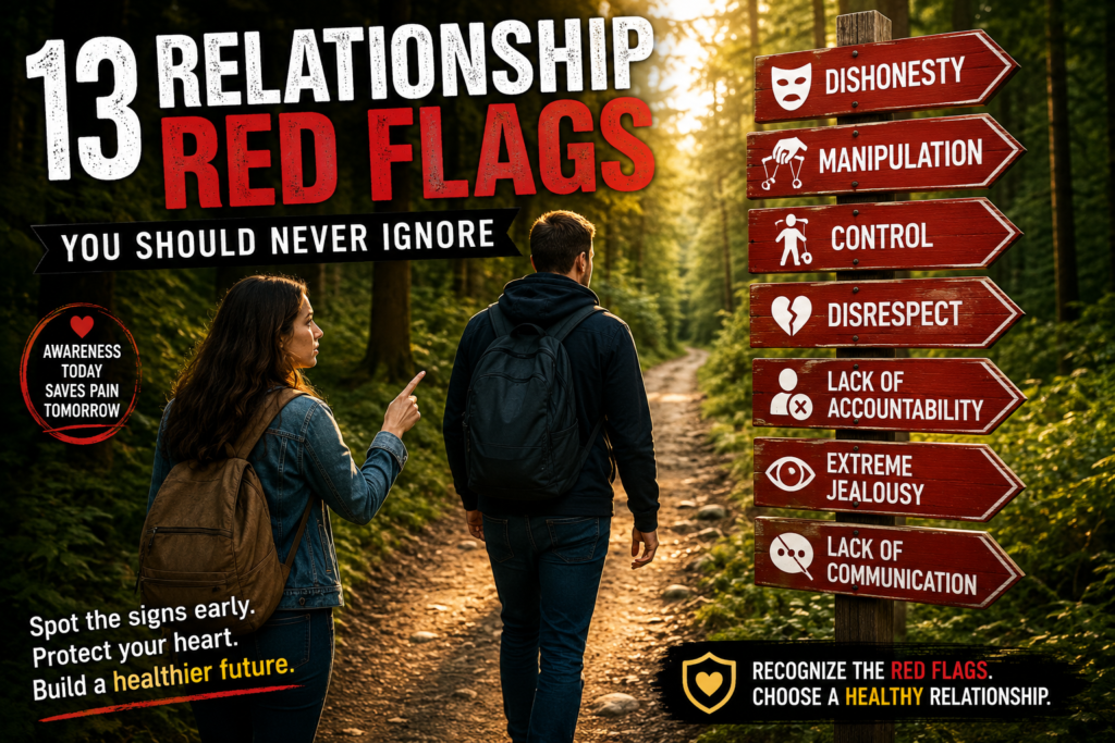 Couple walking along a forest trail with warning signs highlighting relationship red flags such as dishonesty, manipulation, control, disrespect, jealousy, and poor communication, symbolizing the importance of recognising unhealthy relationship warning signs early
