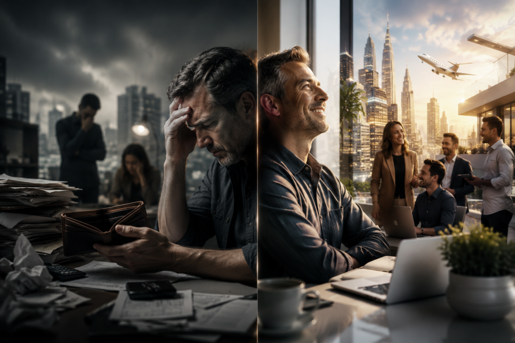 Scarcity Mindset vs Abundance Mindset showing the difference between fear-based thinking and opportunity-focused thinking in financial success and personal development.