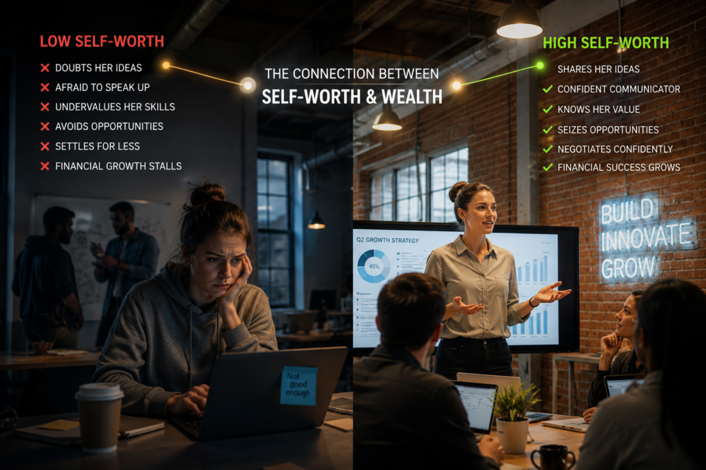 Self-worth and wealth illustrated through two equally talented technology professionals. One confidently shares ideas and pursues opportunities while the other struggles with self-doubt and remains overlooked despite having similar abilities.