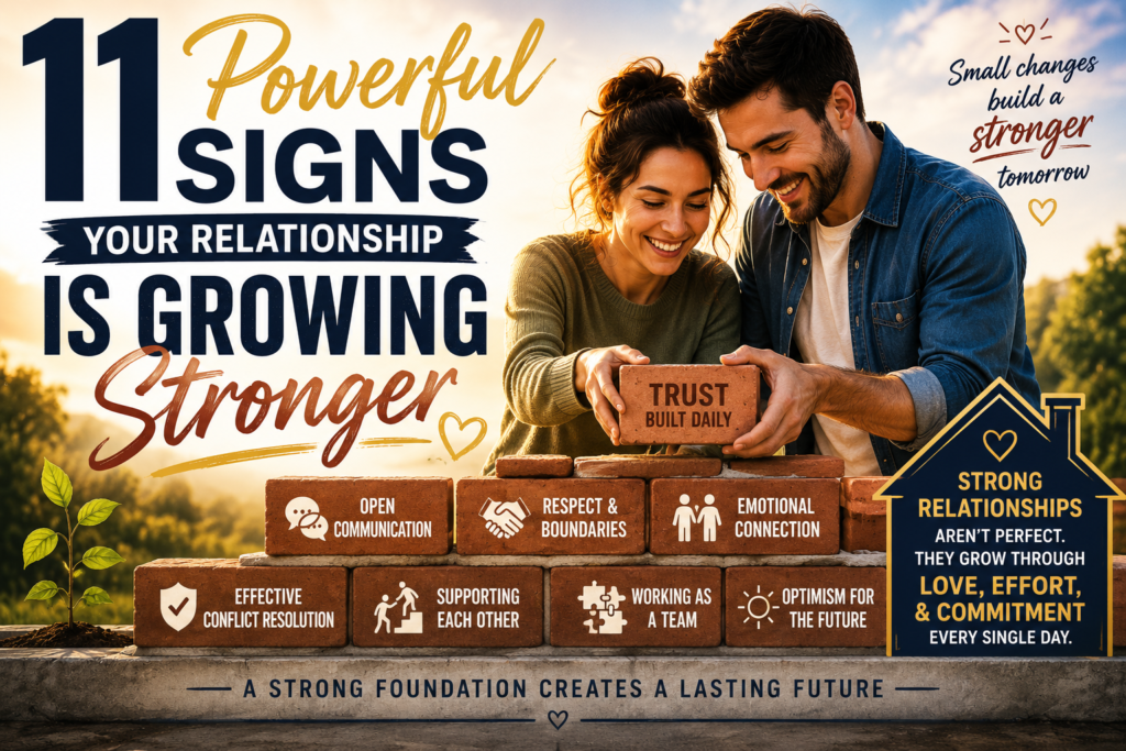 Couple building a strong relationship foundation with bricks representing trust, communication, respect, emotional connection, teamwork, and personal growth, symbolizing signs your relationship is growing stronger