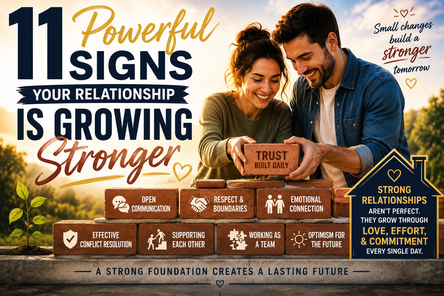 Couple building a strong relationship foundation with bricks representing trust, communication, respect, emotional connection, teamwork, and personal growth, symbolizing signs your relationship is growing stronger